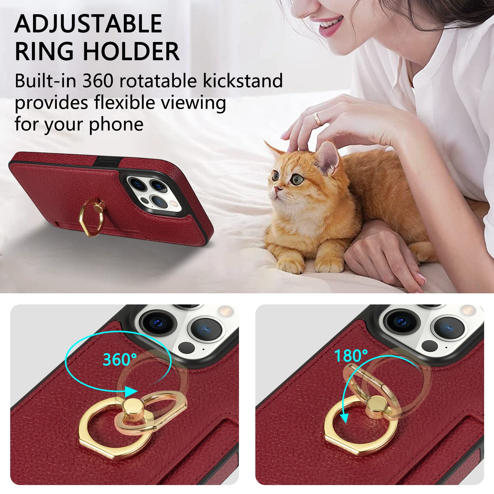 TPU+PU Leather Phone Case Card Holder for iPhone 15 Pro Shockproof Phone Cover with Ring Kickstand - Red TPU+PU Leather Phone Case Card Holder for iPhone 15 Pro Shockproof Phone Cover with Ring Kickstand - Red